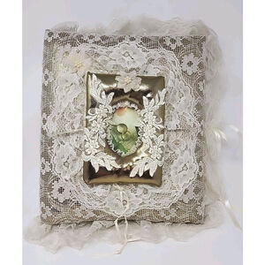 Vtg 80s Granny Core Padded Handmade Fabric Lace Gold Wedding Photo Album